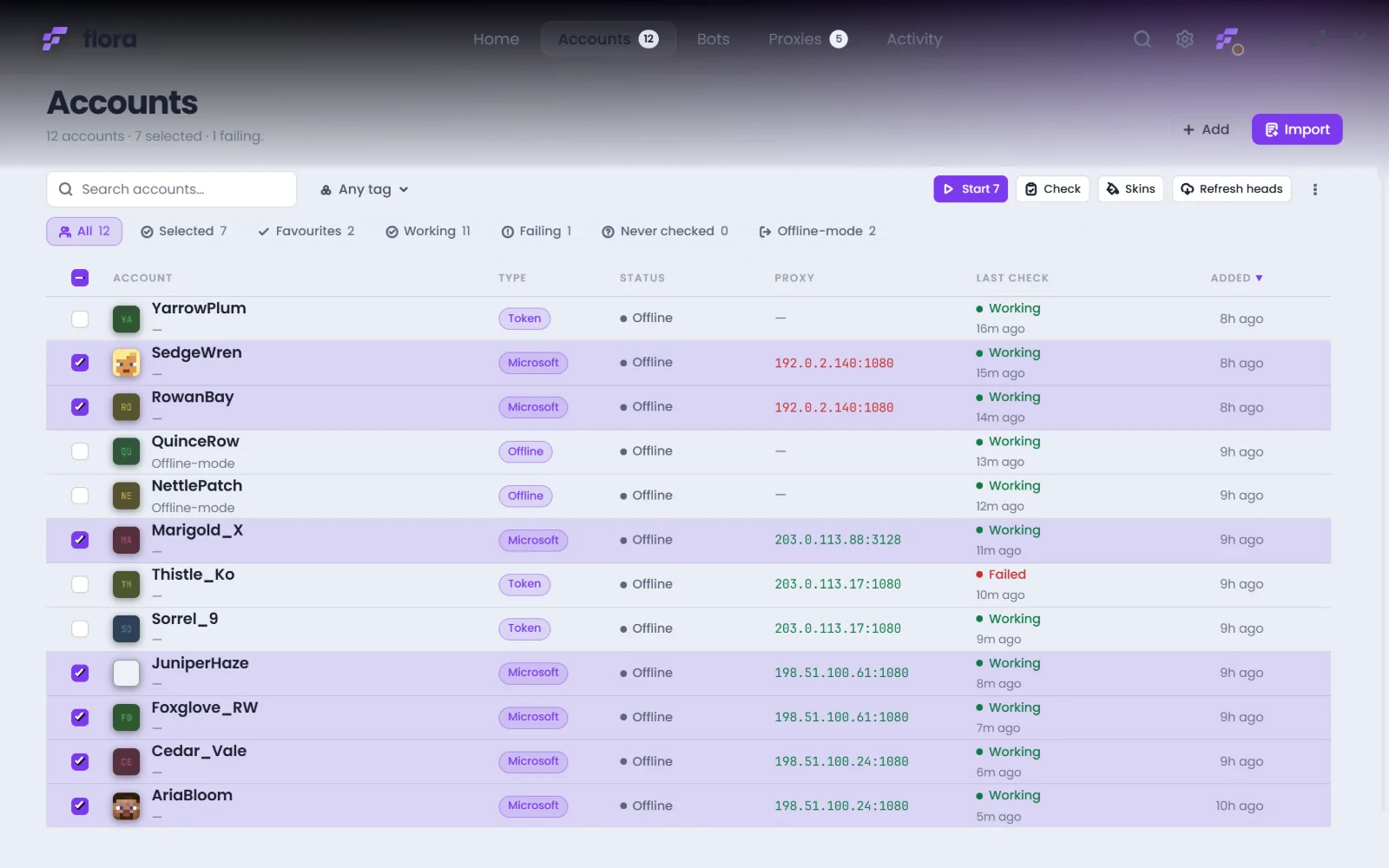 The same accounts view in flora's light theme: a white table with the same violet selection highlight.