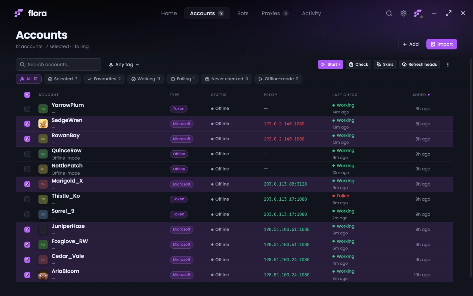 The flora accounts view: a table of twelve Minecraft accounts with avatars, account type, live status, assigned proxy and last check result.