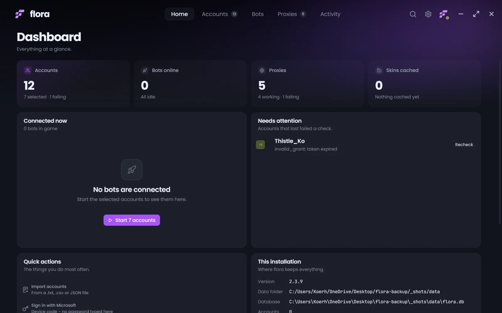 The flora dashboard: account, bot, proxy and skin totals, a needs-attention panel and quick actions.