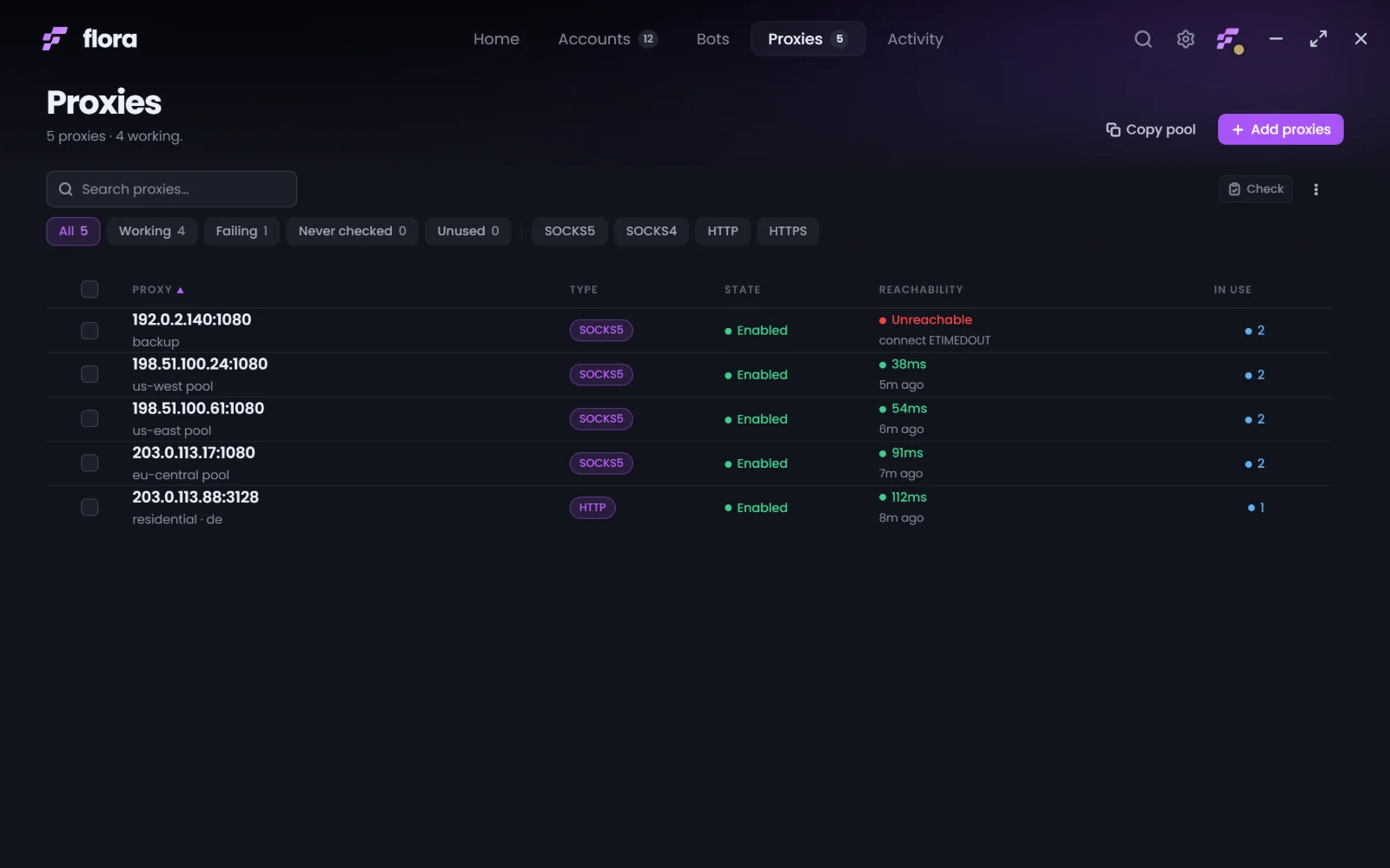 The proxies view: SOCKS5 and HTTP endpoints with labels, latency and last checked times.