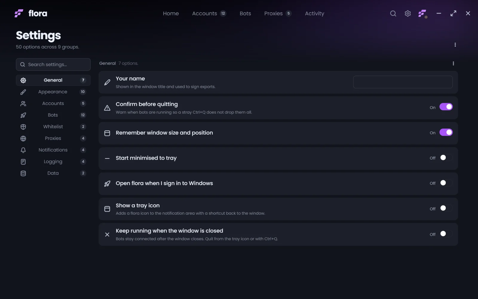 Settings: nine groups with fifty options covering general, accounts, bots, proxies, notifications, logging and data.